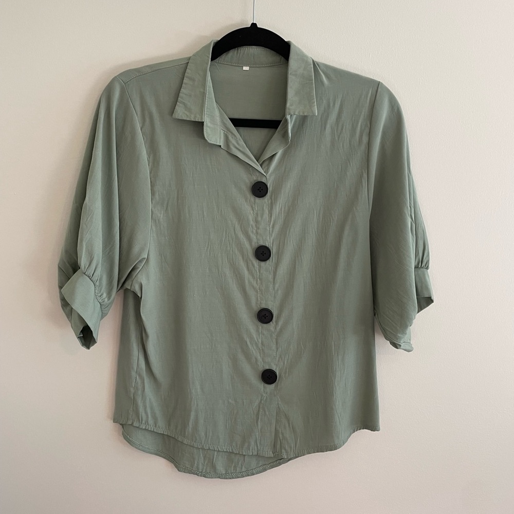 Olive Green Collared Shirt with Statement Sleeves and Buttons S